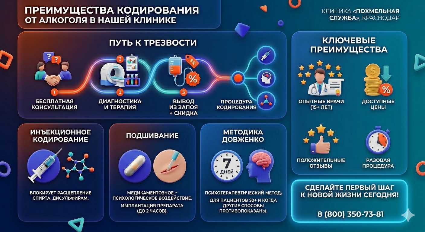 Инфографика о методах кодирования от алкоголя в Уссурийске: инъекции, подшивание, метод Довженко. Преимущества клиники и этапы лечения.