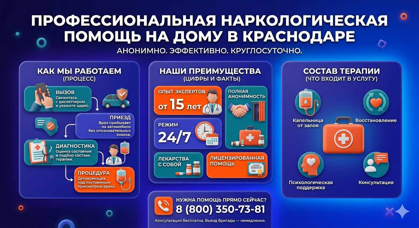 Инфографика о принципах лечения алкоголизма на дому в Уссурийске: этапы вызова нарколога, преимущества анонимной детоксикации и состав медицинской помощи.
